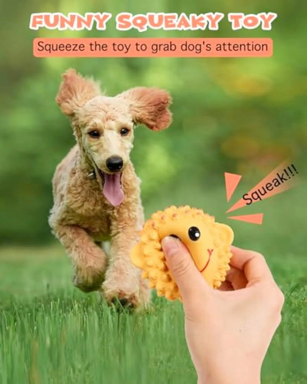 Orange and yellow spiky latex squeaky dog toy approximately 3 inches diameter