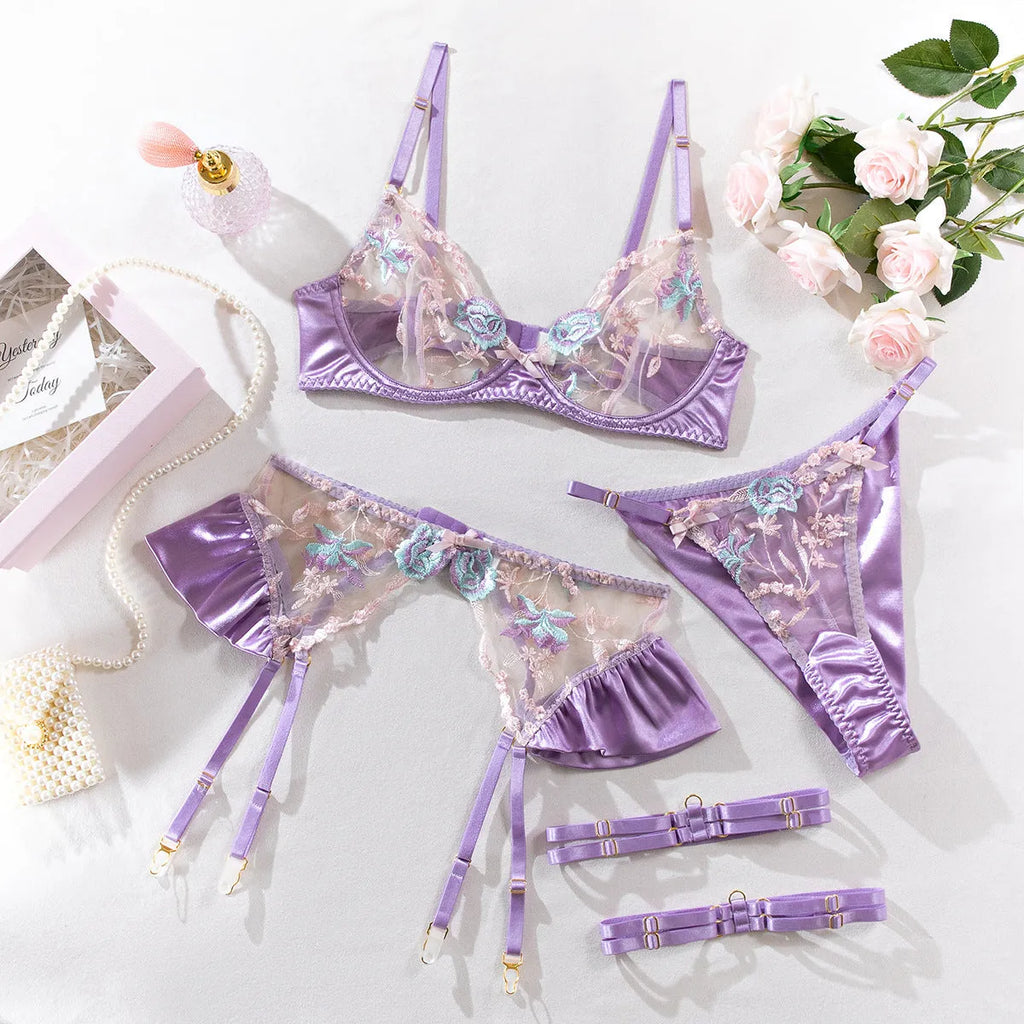 Light purple satin lingerie four-piece set with embroidery in S M L sizes