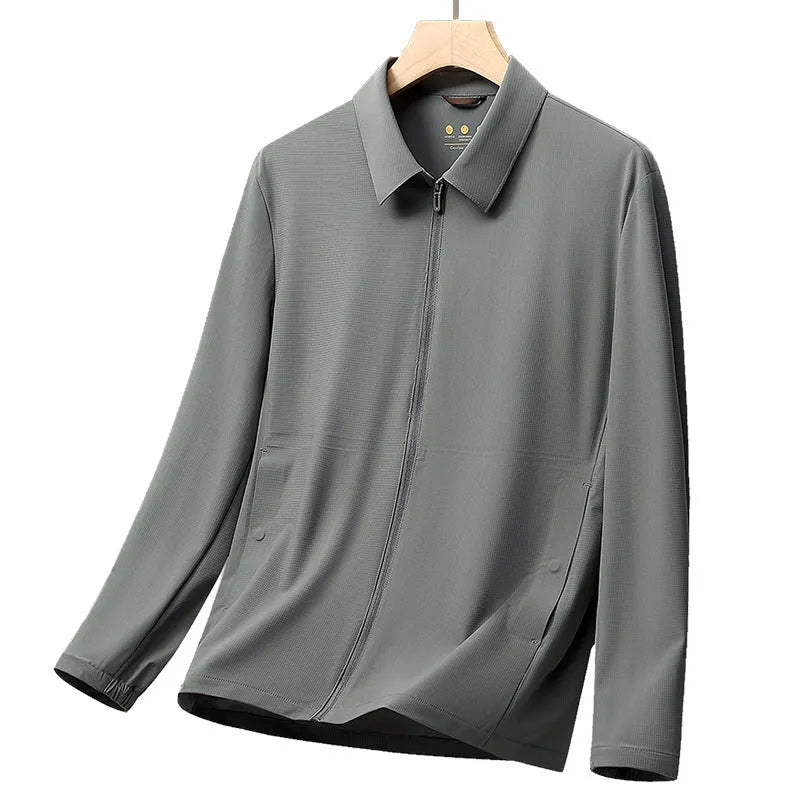 Lightweight navy blue summer business coat with SPF protection on a hanger, showing regular fit.