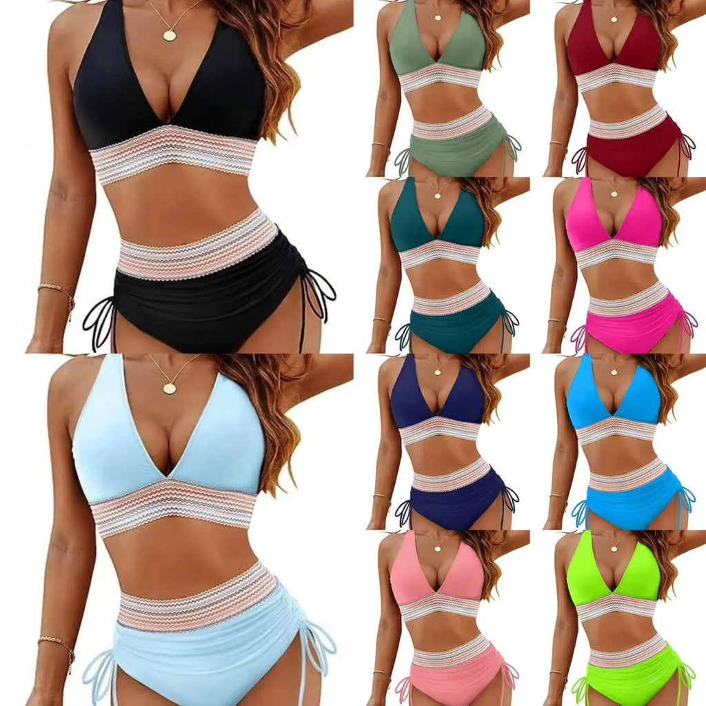 Women's high waist bikini split suit, solid colour polyester two-piece set with sleeveless top and brief bottom