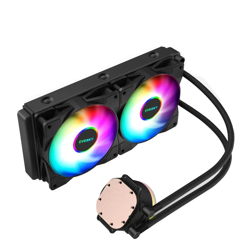 CPU liquid cooling radiator and fan with aluminium fins and optional RGB lighting.