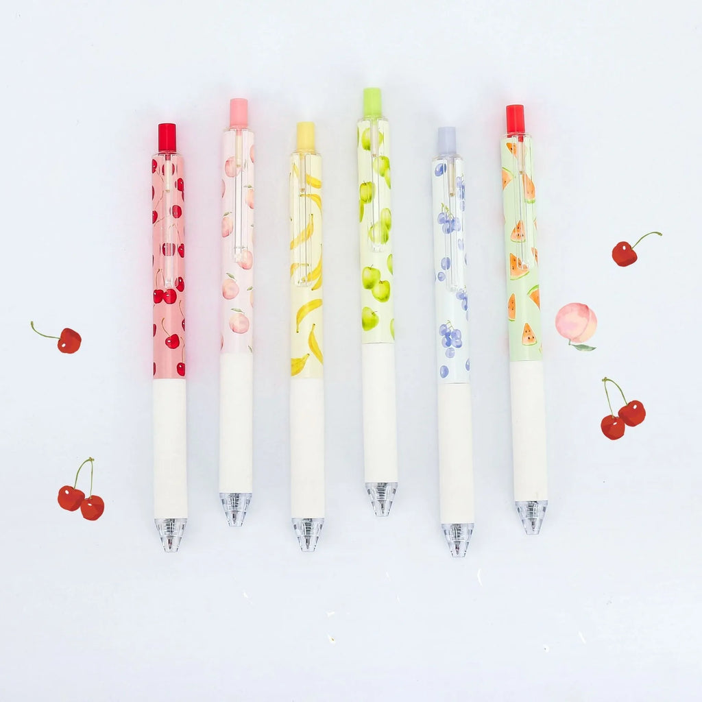 Three scented fruit-designed press-action pens with 0.5mm quick-drying black refills