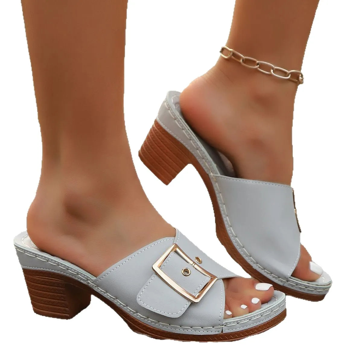 Women's retro chunky heel slippers with metal buckle detail in black or light blue, round head PU upper and rubber sole.