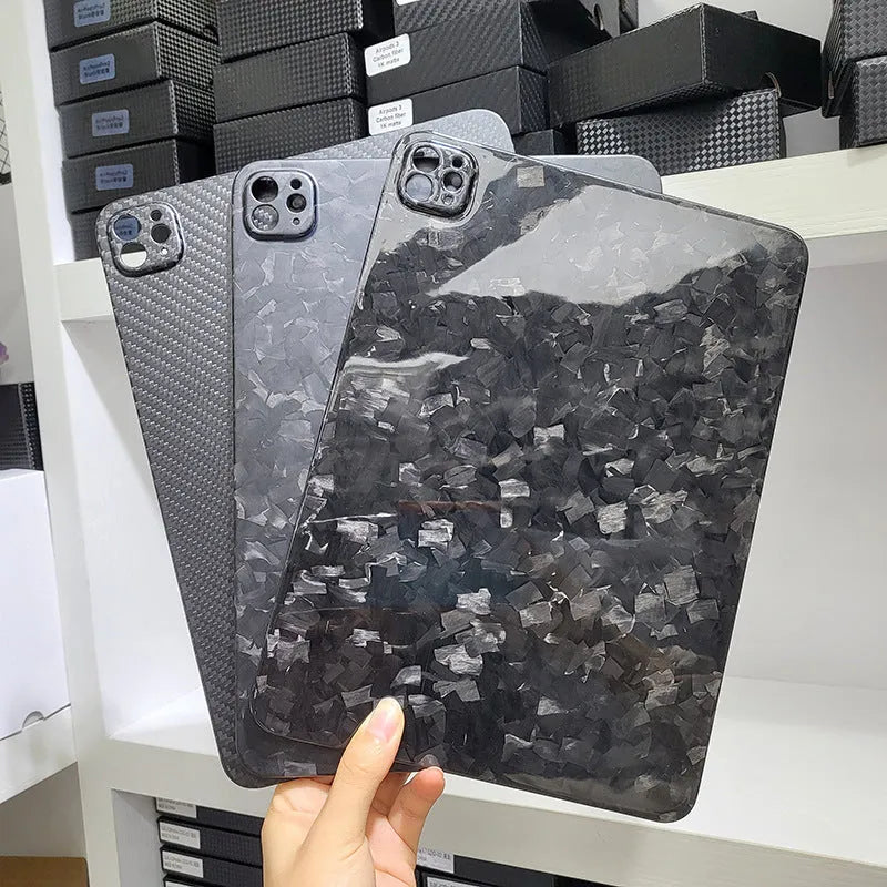 Carbon fibre hard protective cover for Apple iPad Pro 11 showing textured plaid pattern.