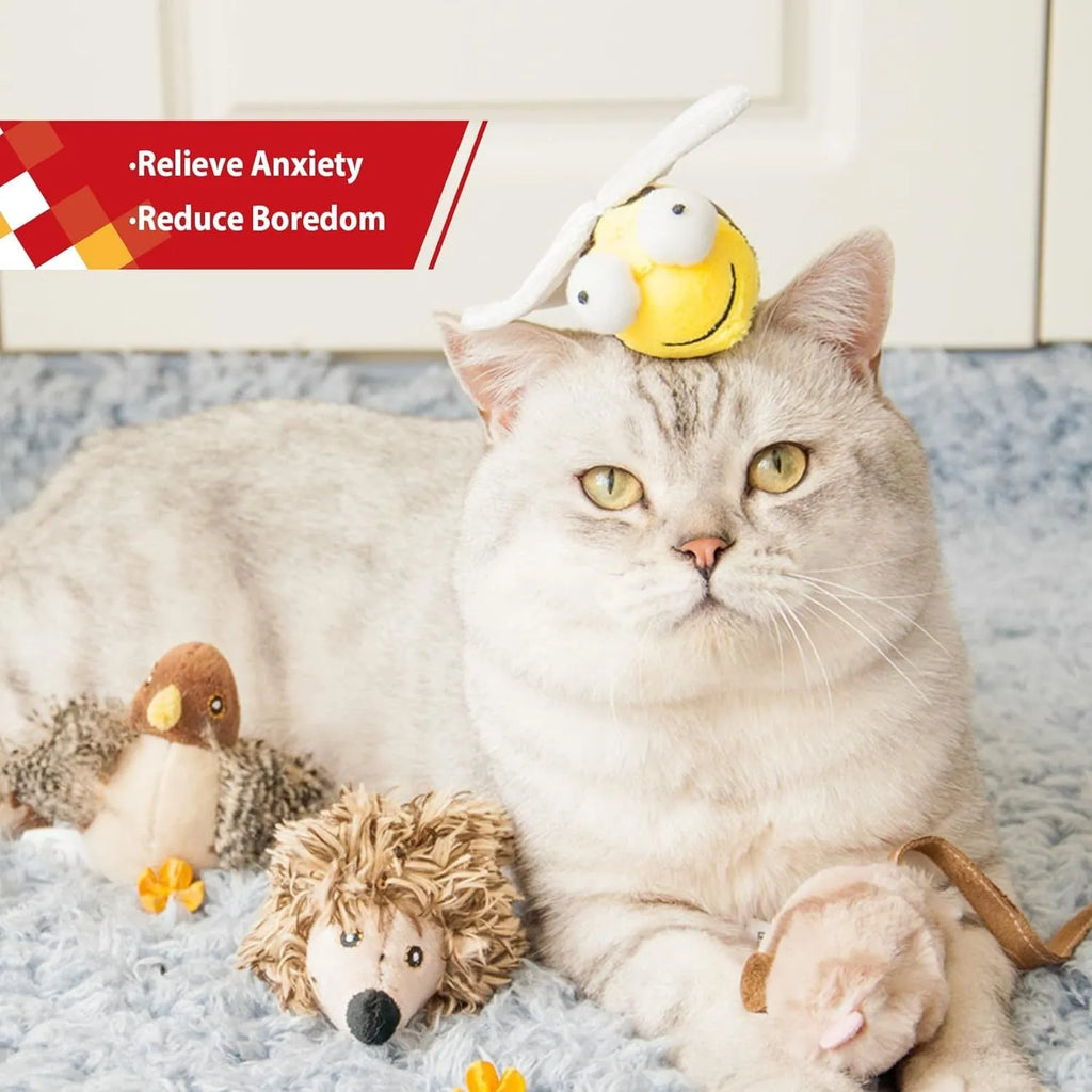 Yellow flannelette electronic bee-shaped cat toy that chirps when moved.