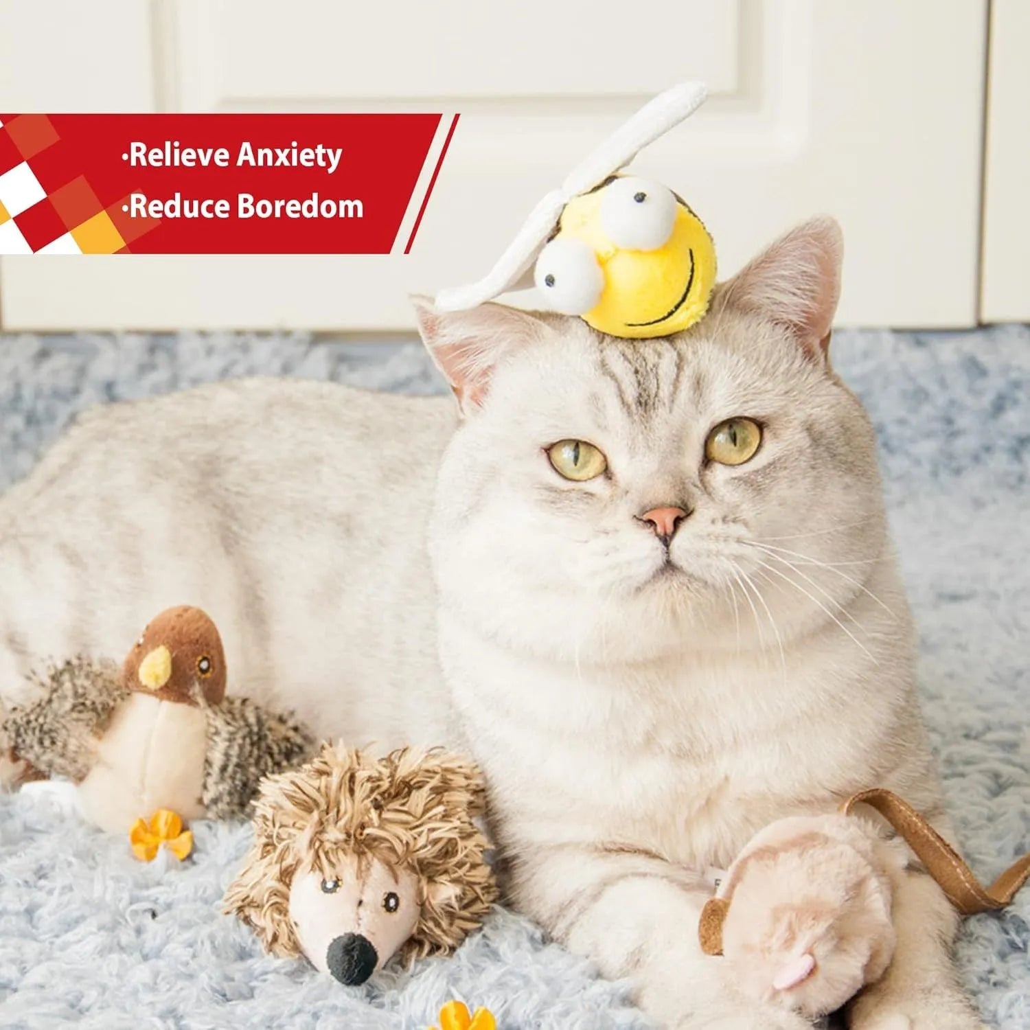 Yellow flannelette electronic bee-shaped cat toy that chirps when moved.