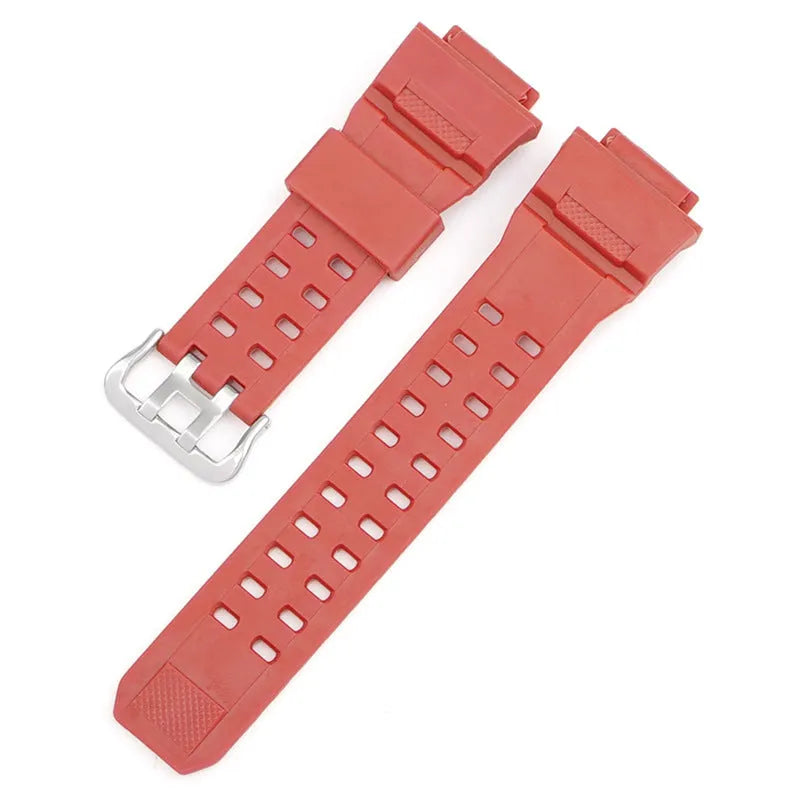 Camouflage patterned TPU resin watch strap with silver buckle on a grey background