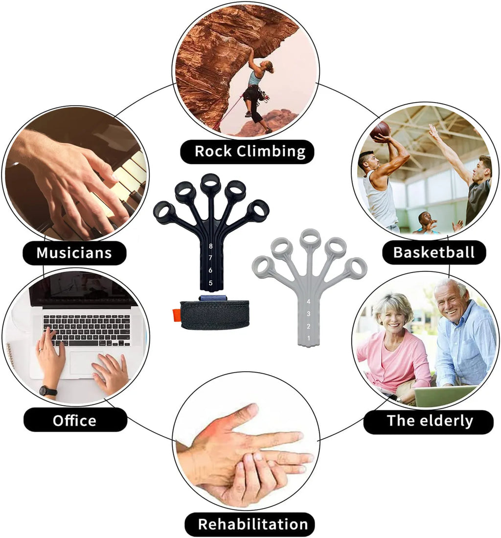 Black and grey silicone finger flexion and extension trainer with adjusting belt for hand rehabilitation.