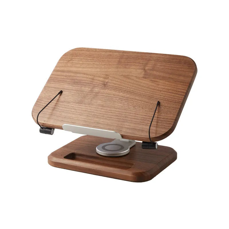 Walnut-coloured solid wood adjustable reading rack holding a book.