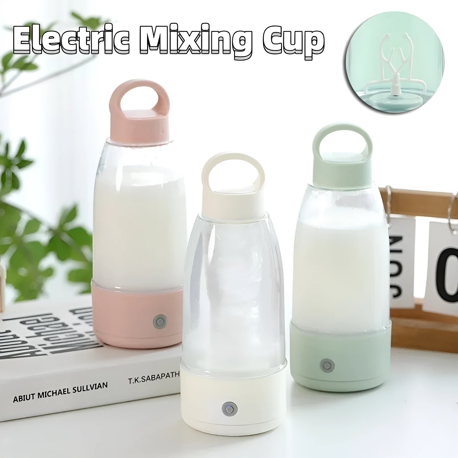 Green automatic electric shaker bottle with USB port, handle, and 380ml capacity.
