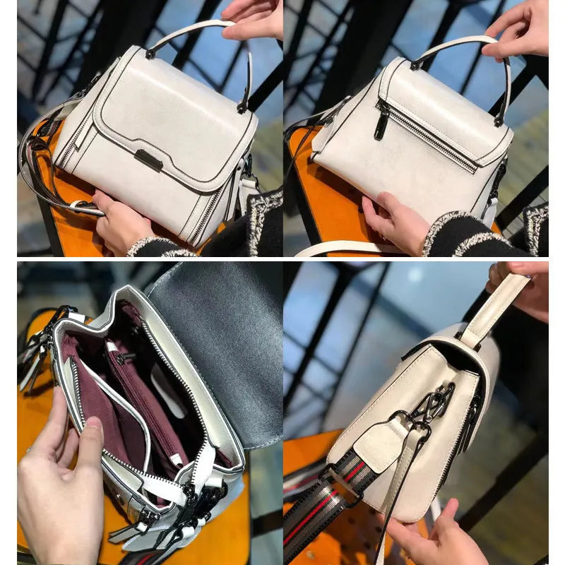 Women's brown genuine oil wax leather messenger bag showing front view with double straps and visible sewing details.