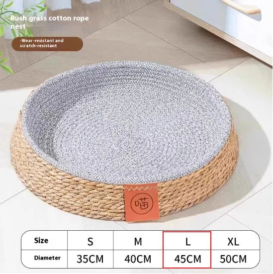 Round rattan cat bed or nest for pets, shown in one of four available sizes.