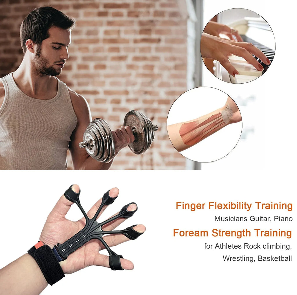 Black and grey silicone finger flexion and extension trainer with adjusting belt for hand rehabilitation.