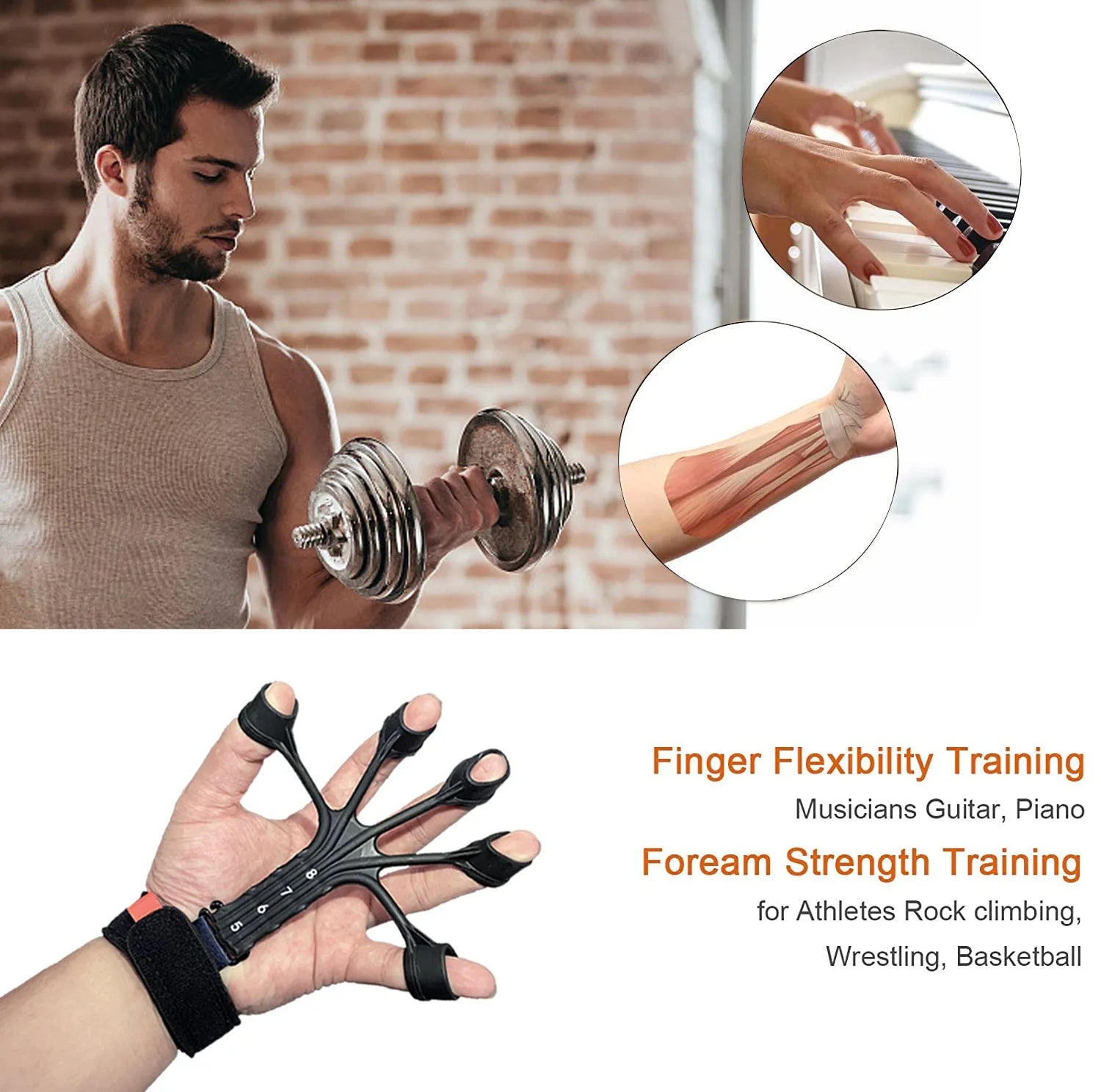Black and grey silicone finger flexion and extension trainer with adjusting belt for hand rehabilitation.