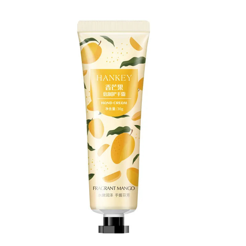 30g tube of scented hand cream for dry skin, shown with choice of avocado, chamomile, and rose fragrances.