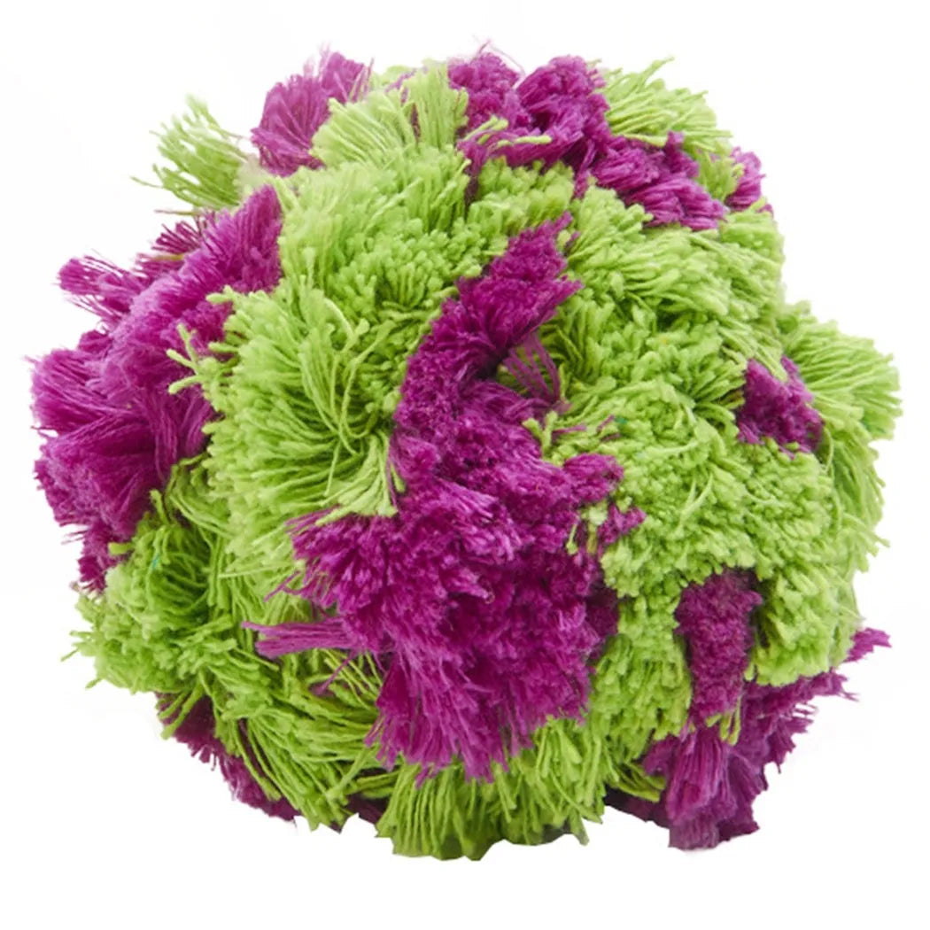 Purple plush dog teething ball measuring 15cm diameter for interactive play
