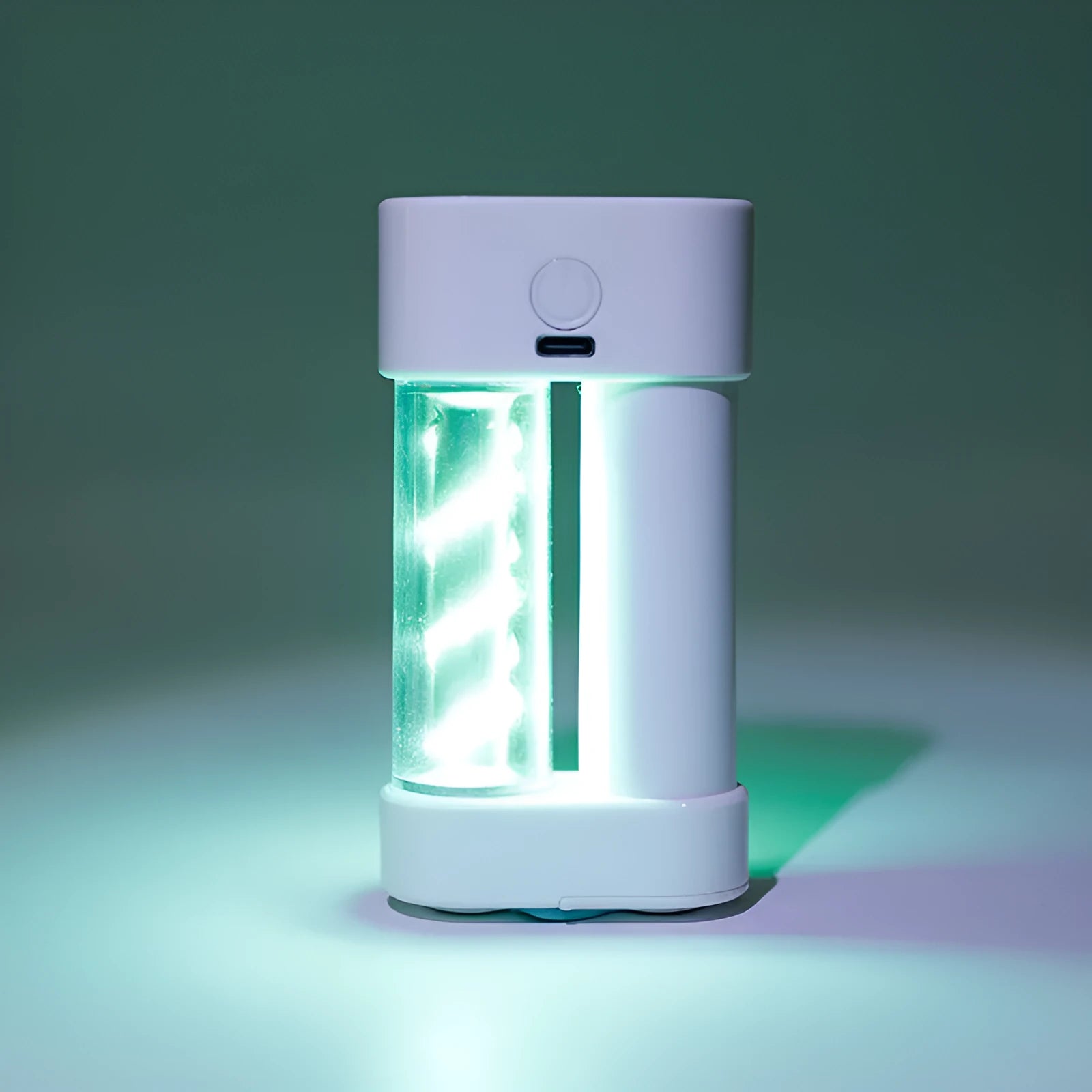 White ABS camping hanging light with USB charging port, 5W output, suspended from a tent loop