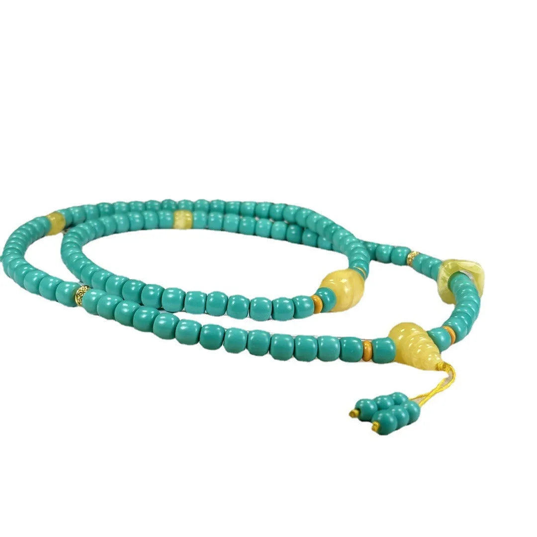 Hand-woven turquoise mesh flower lucky pendant necklace on ball bead chain