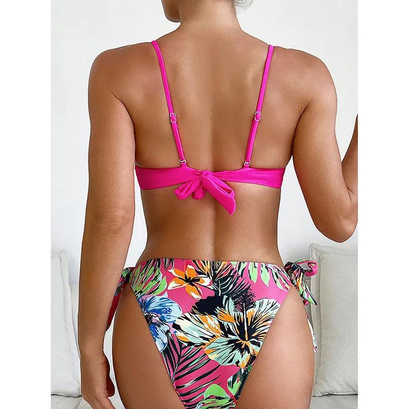 Rose red women's bikini swimsuit with braid rope detailing on polyester fabric
