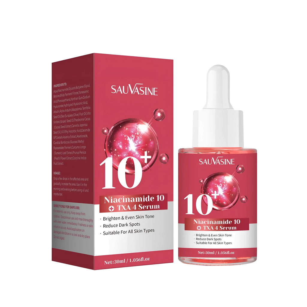 30ml glass dropper bottle of Niacinamide 10 TXA 4 facial serum on a plain background.