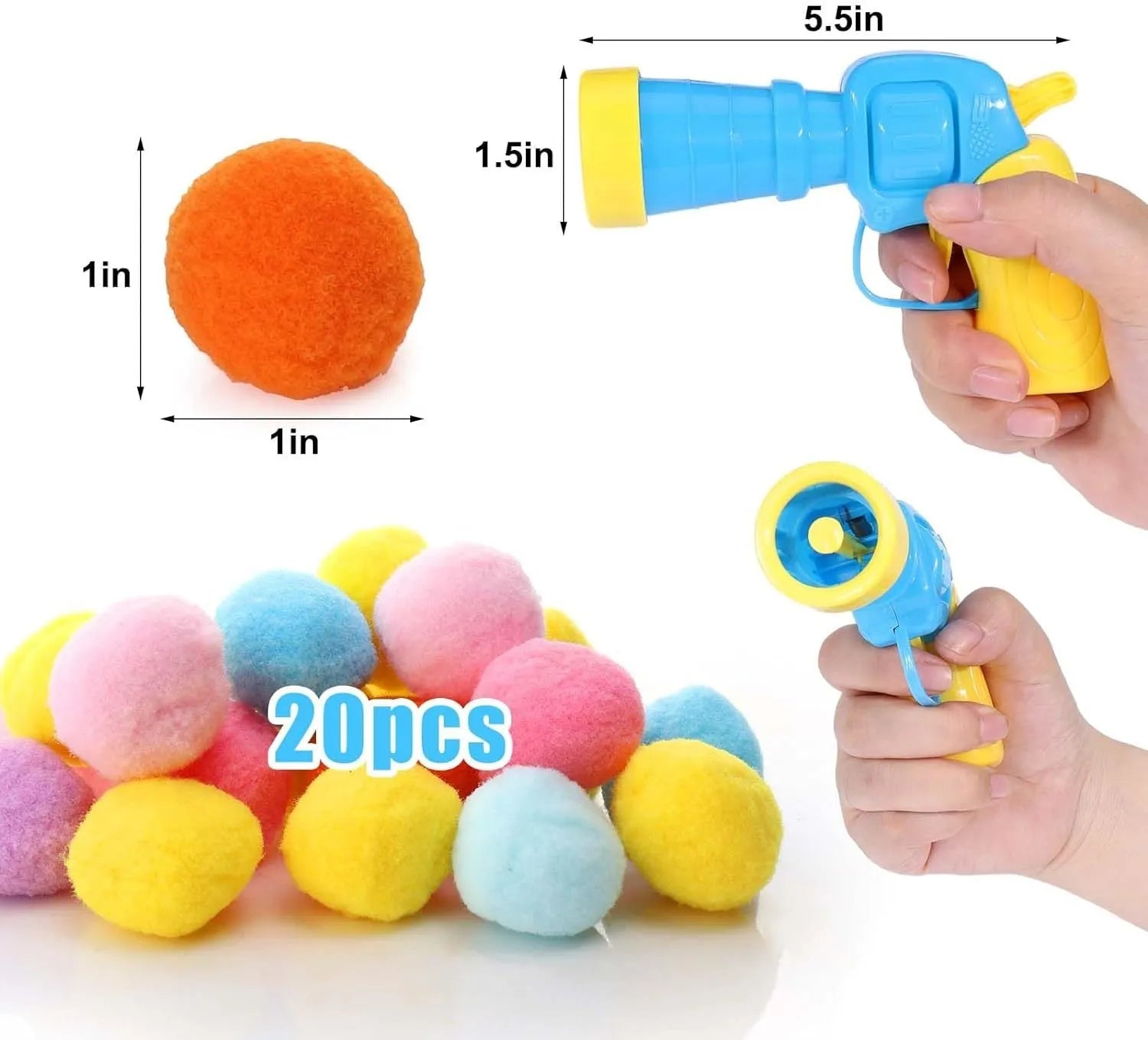 Cat toy ball launcher gun in hand with 20 soft plush pom pom balls for interactive fetch play