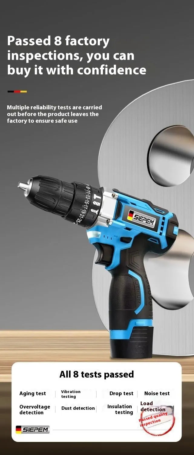 12V dual speed pistol grip impact drill and electric screwdriver set in a plastic storage box.