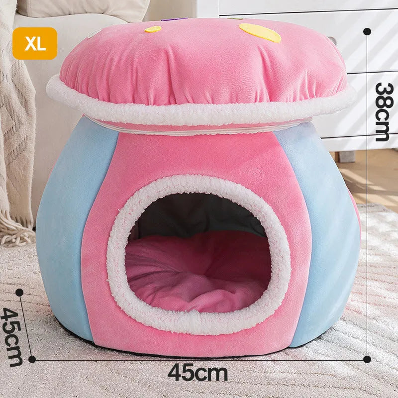 Grey mushroom-shaped plush cat bed with a detachable rabbit blanket for winter warmth.
