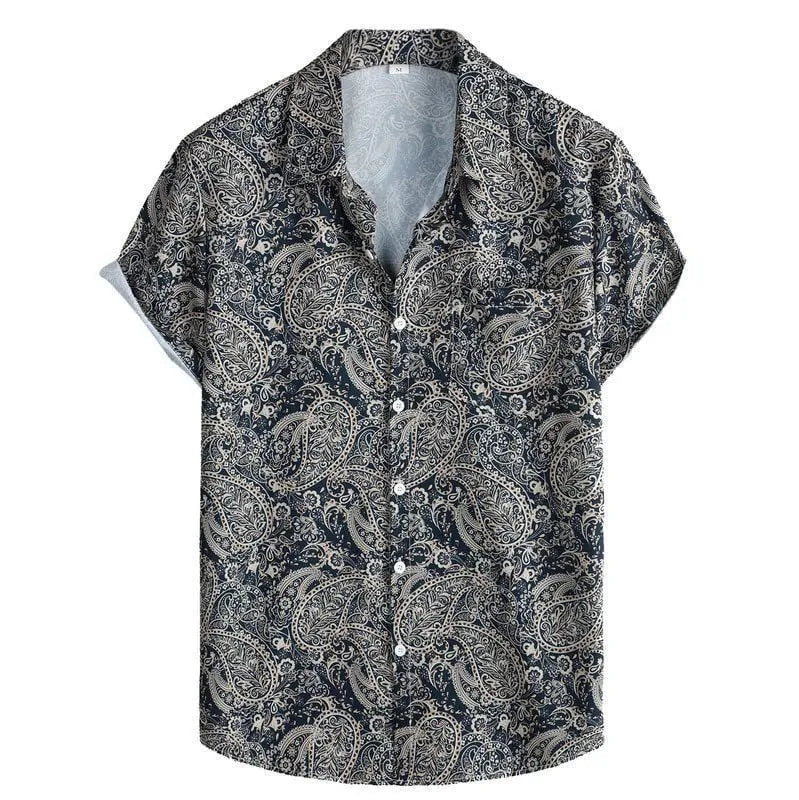 Men's slim fit digital printed Hawaiian short sleeve shirt in elastic polyester, showing colour options.