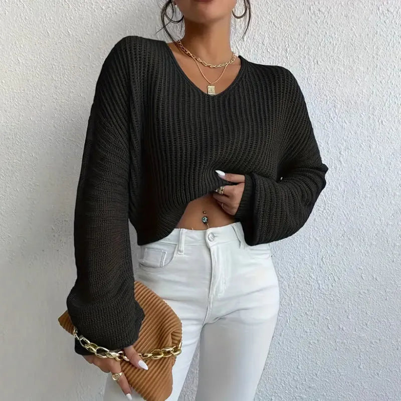 Women's solid colour long sleeve loose pullover in black, pink, green, blue, or red.