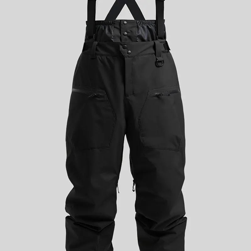 Man wearing black waterproof linen ski pants with a thickened strap, suitable for winter sports.