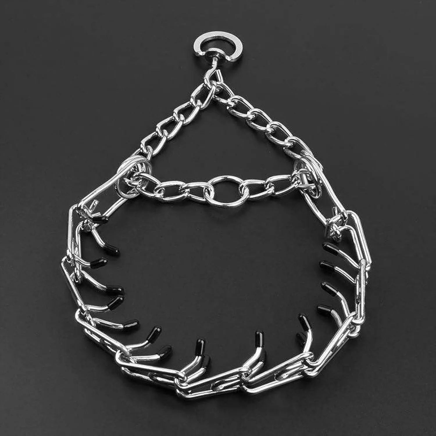Stainless steel dog prong training collar with rubber tips and adjustable links