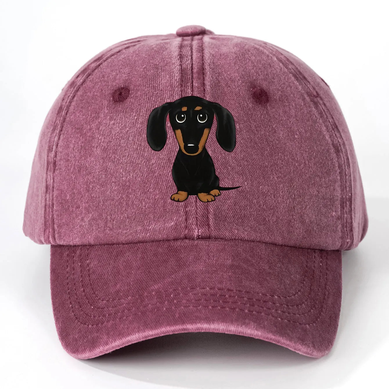 Retro washed baseball cap with embroidered dachshund design on cotton fabric