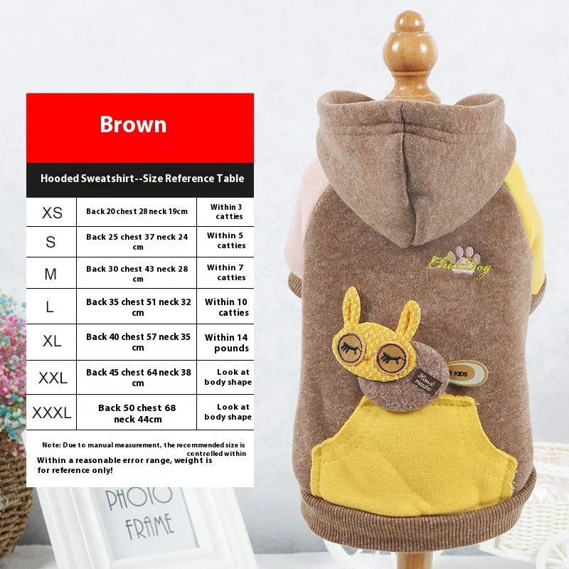 A brown cotton blend dog sweatshirt shown on a mannequin, size label visible.