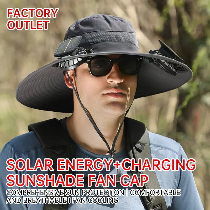 Men's grey solar-powered fan hat with integrated cooling fan and wide brim for sun protection.