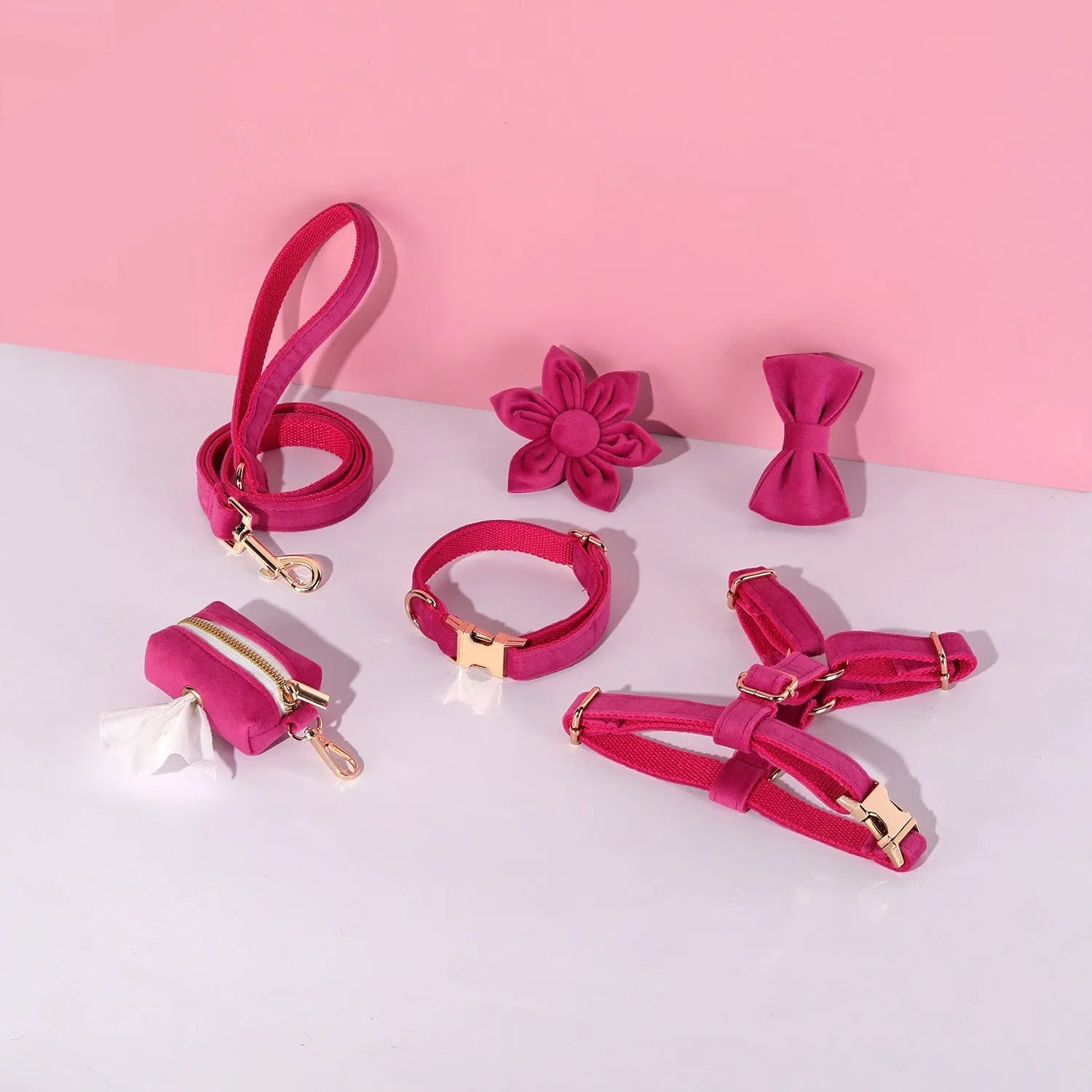 Classic velvet pet collar and traction rope set with matching bow tie, flower and accessories