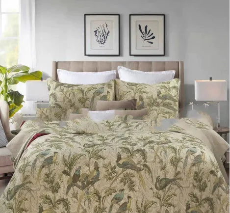 Blue American flower and bird pattern cotton bedspread set with three pieces shown on a bed