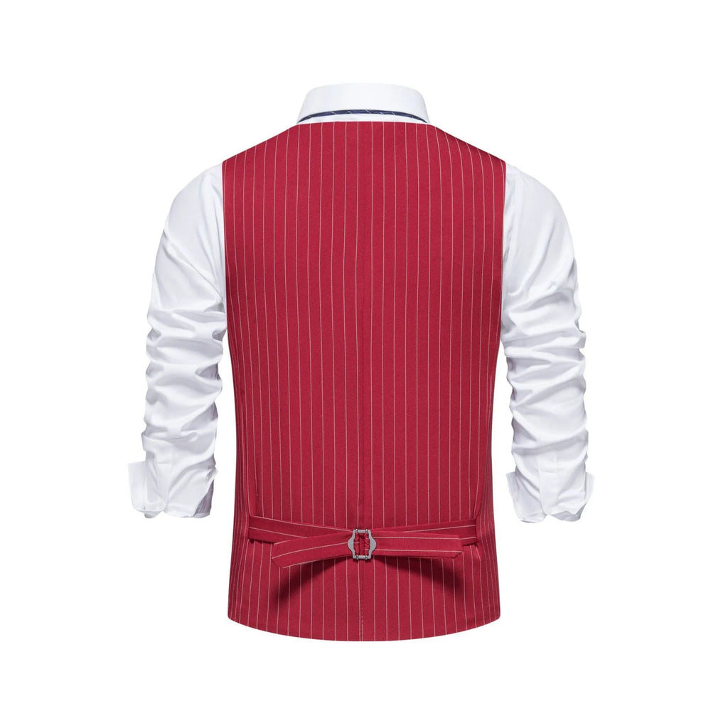 Men's striped suit waistcoat in red, black, or khaki on a hanger, showing miter hem and pocket detail.