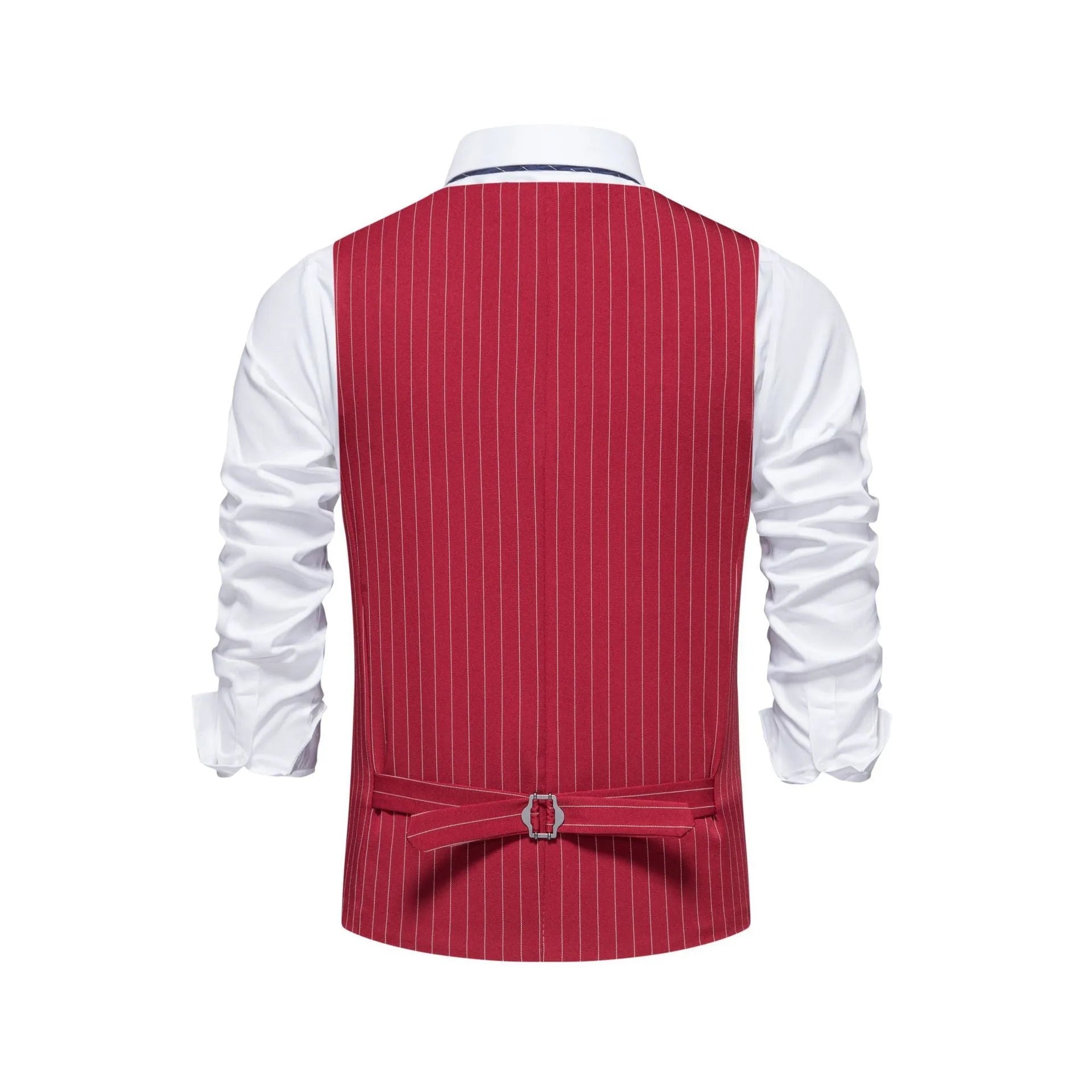 Men's striped suit waistcoat in red, black, or khaki on a hanger, showing miter hem and pocket detail.