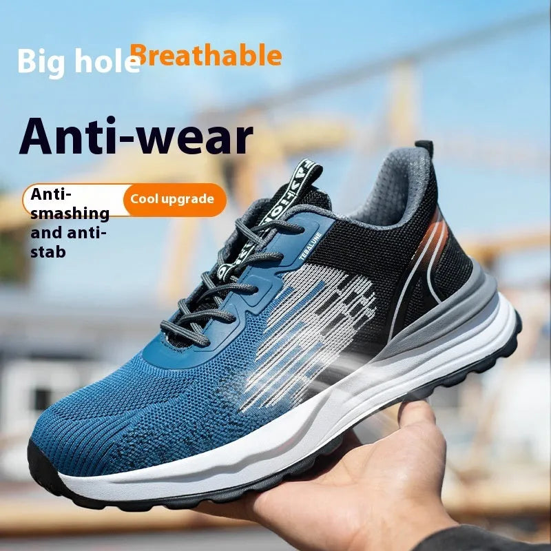 Blue men's lightweight safety work shoes with plastic toe cap and lace-up closure