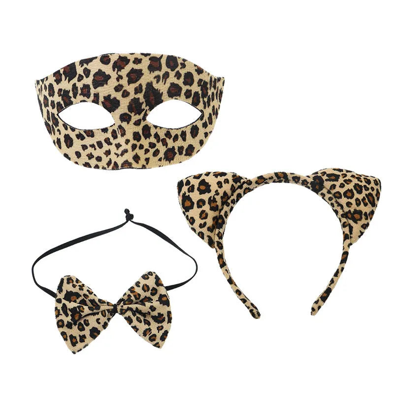 Halloween leopard print half face plastic mask and matching leopard print headband set