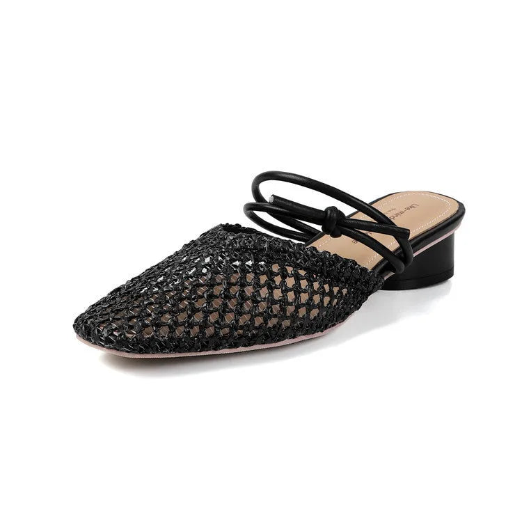 Women's square toe slippers with chunky heel and breathable design in artificial pu material