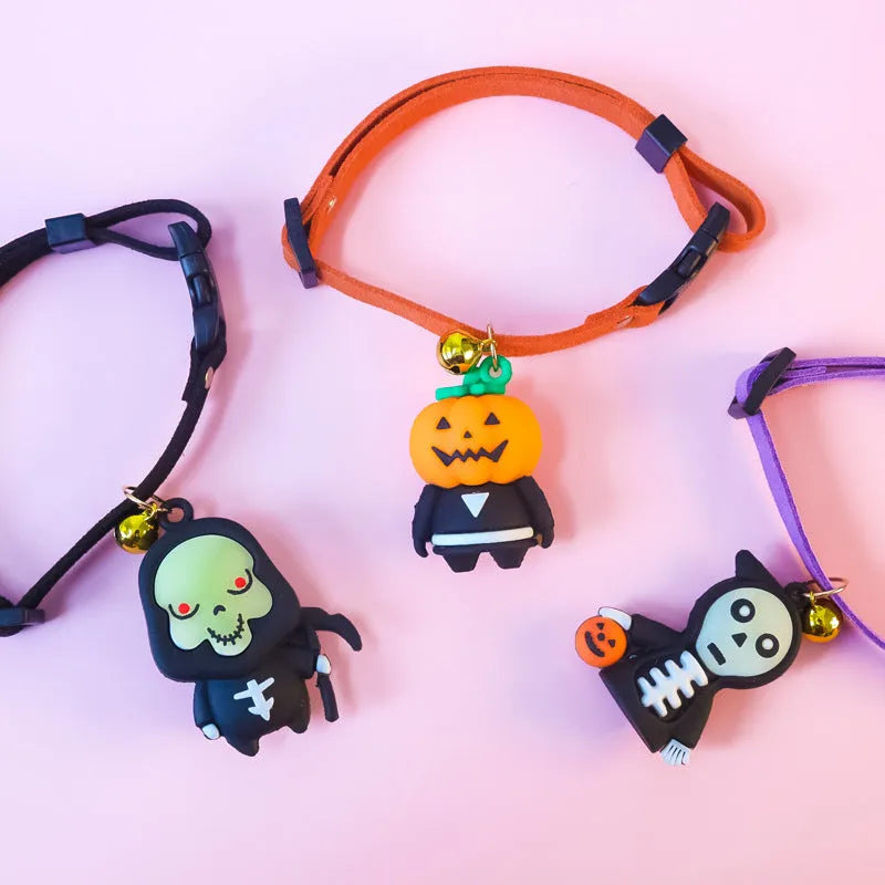 Halloween pet collar decoration showing pumpkin man, luminous brat, and luminous skull cartoon patterns on polyester collar