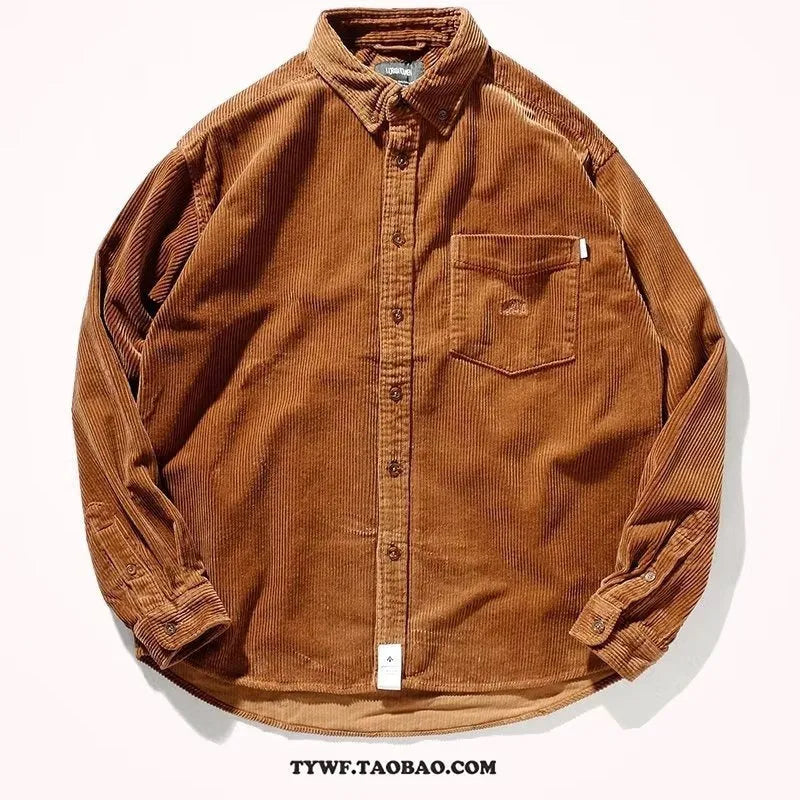 Long sleeve loose corduroy shirt in caramel colour with cardigan style for youth leisure wear.
