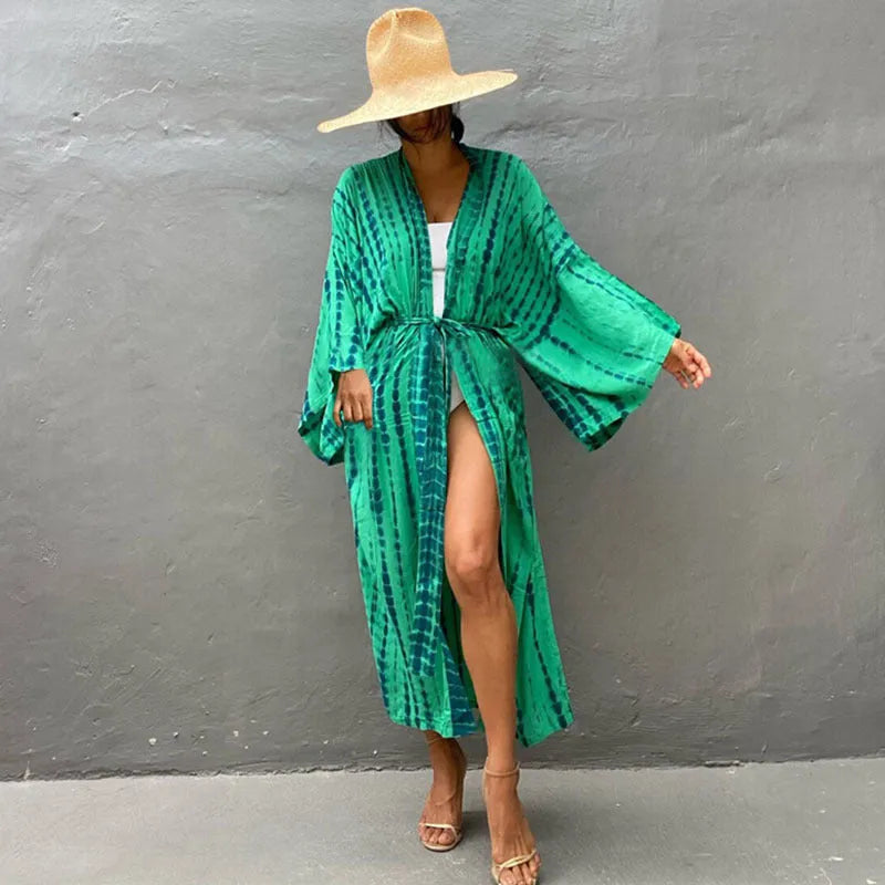Printed cotton beach cover-up blouse with long sleeves in multiple colour options