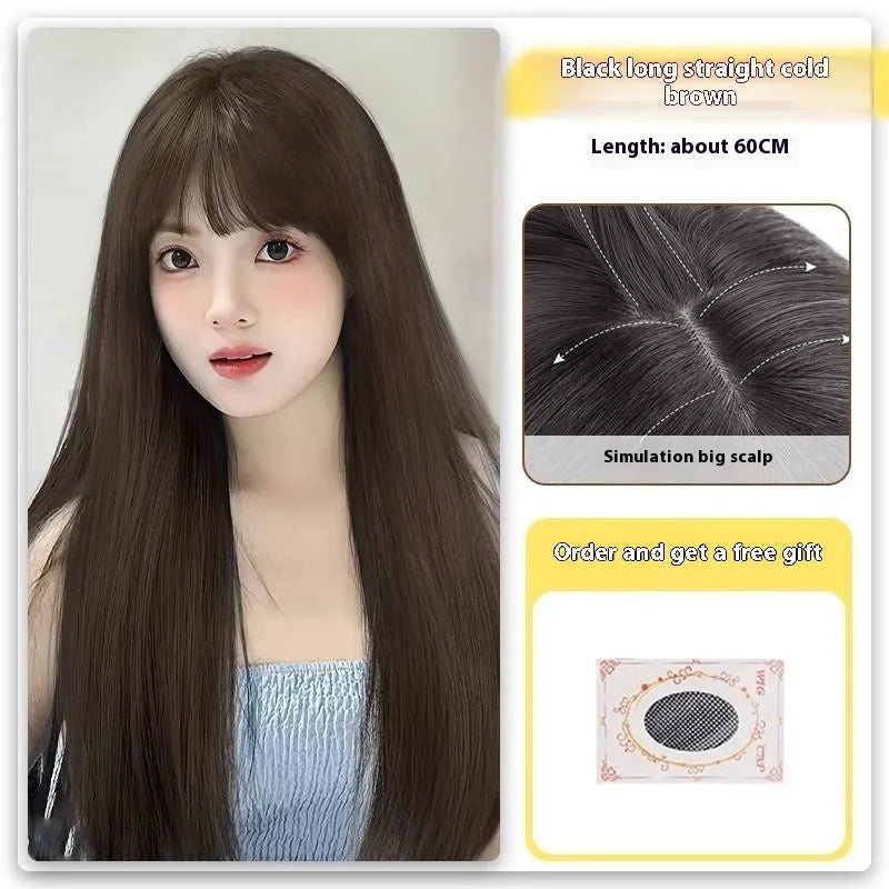 Forehead lace long straight full-head wig in dark brown colour with side bangs styling
