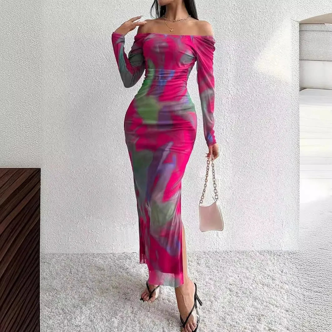 Women's pleated mesh fishtail dress with gradient colour print and a square collar.