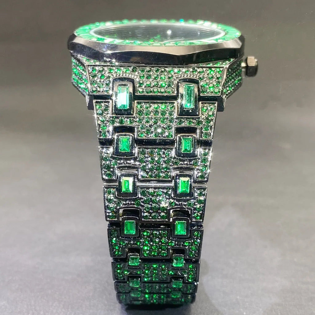 Hip hop men's green full rhinestone quartz watch with alloy case and 13mm thickness
