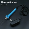 Blue electric heating cutter pen for cutting foam and polystyrene boards on a work surface