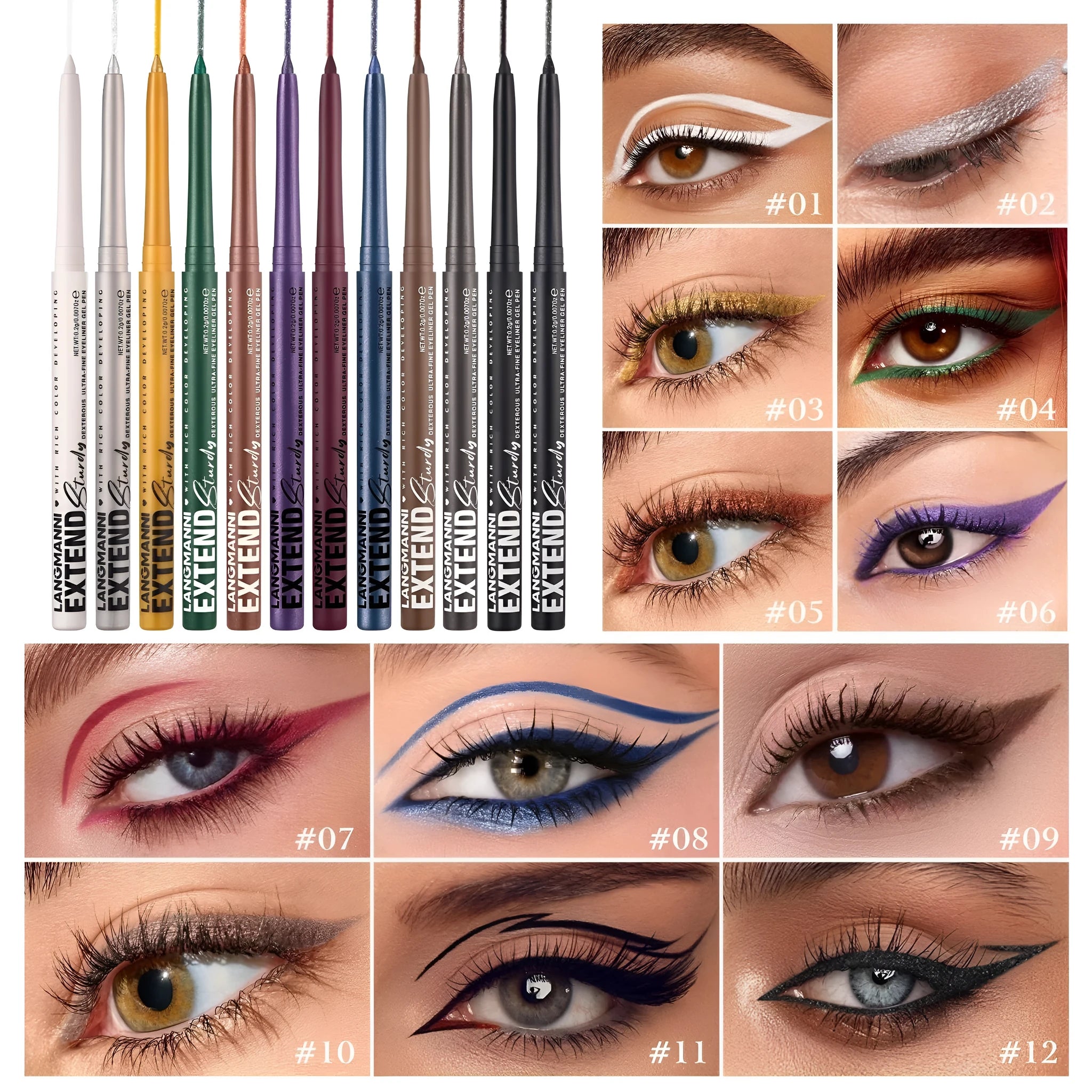 12 colourful eyeliner pencils with matte, glitter, metallic, and pearl finishes in waterproof formula