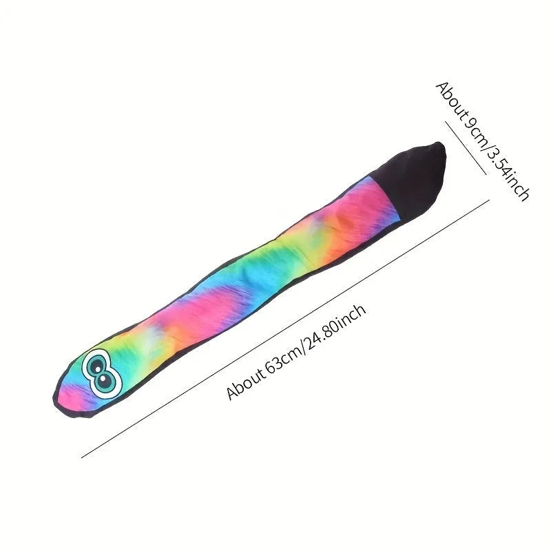 Rainbow stripe snake-shaped plush dog squeaky toy on a white background